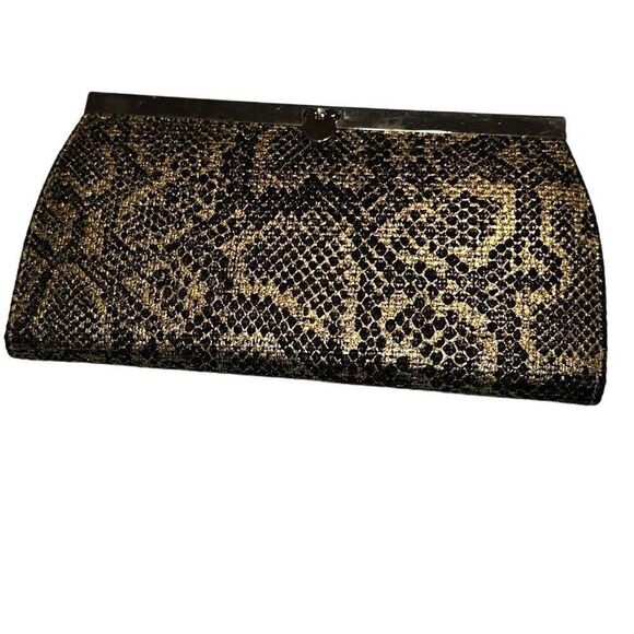 Mirror Mirror Black & Metallic Gold Snakeskin Print Clutch Wallet Ladies OS - Picture 2 of 11